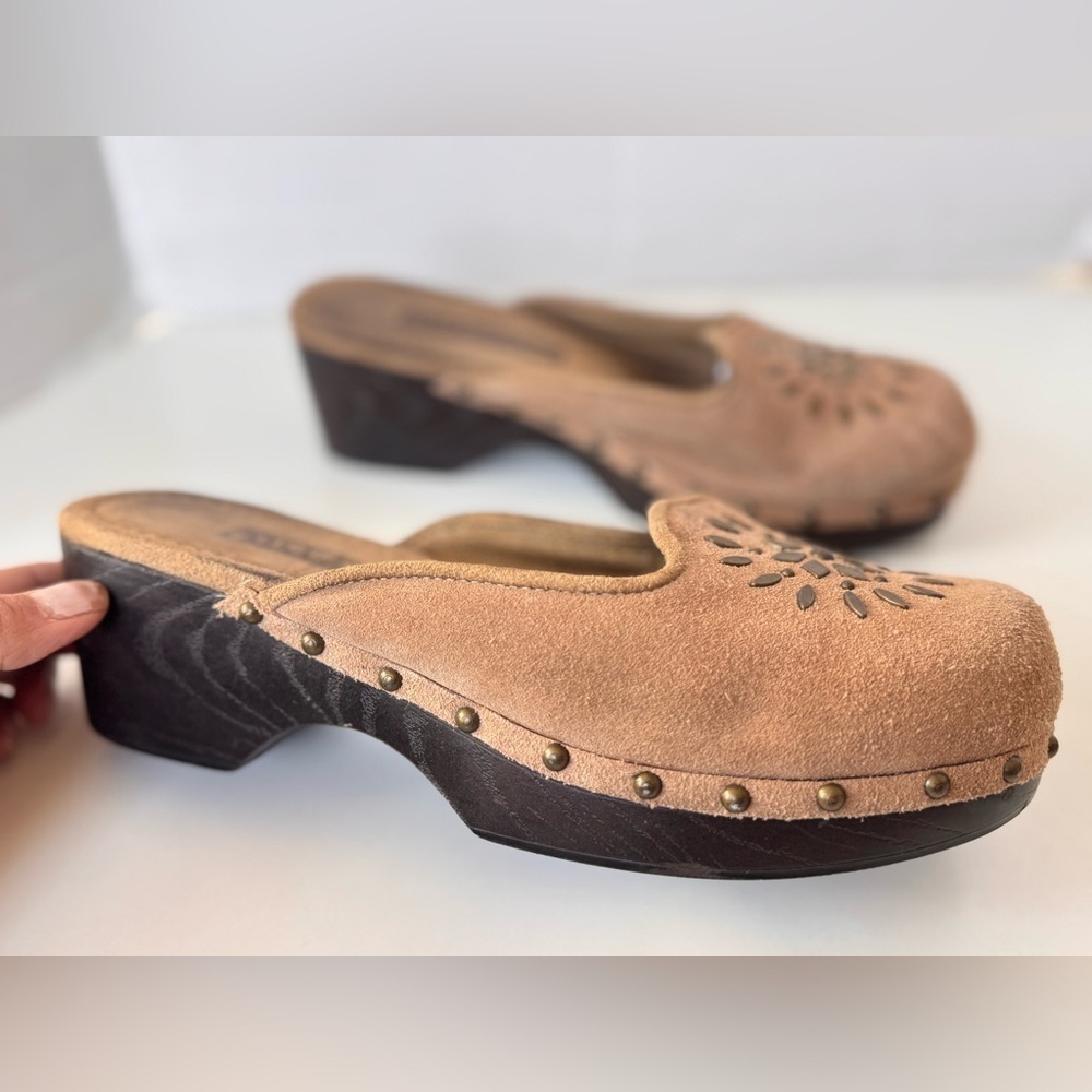 Vintage 90s Y2K Ellemenno Suede Stud Wooden Chunky Boho Slip On Mules Shoes 8.5